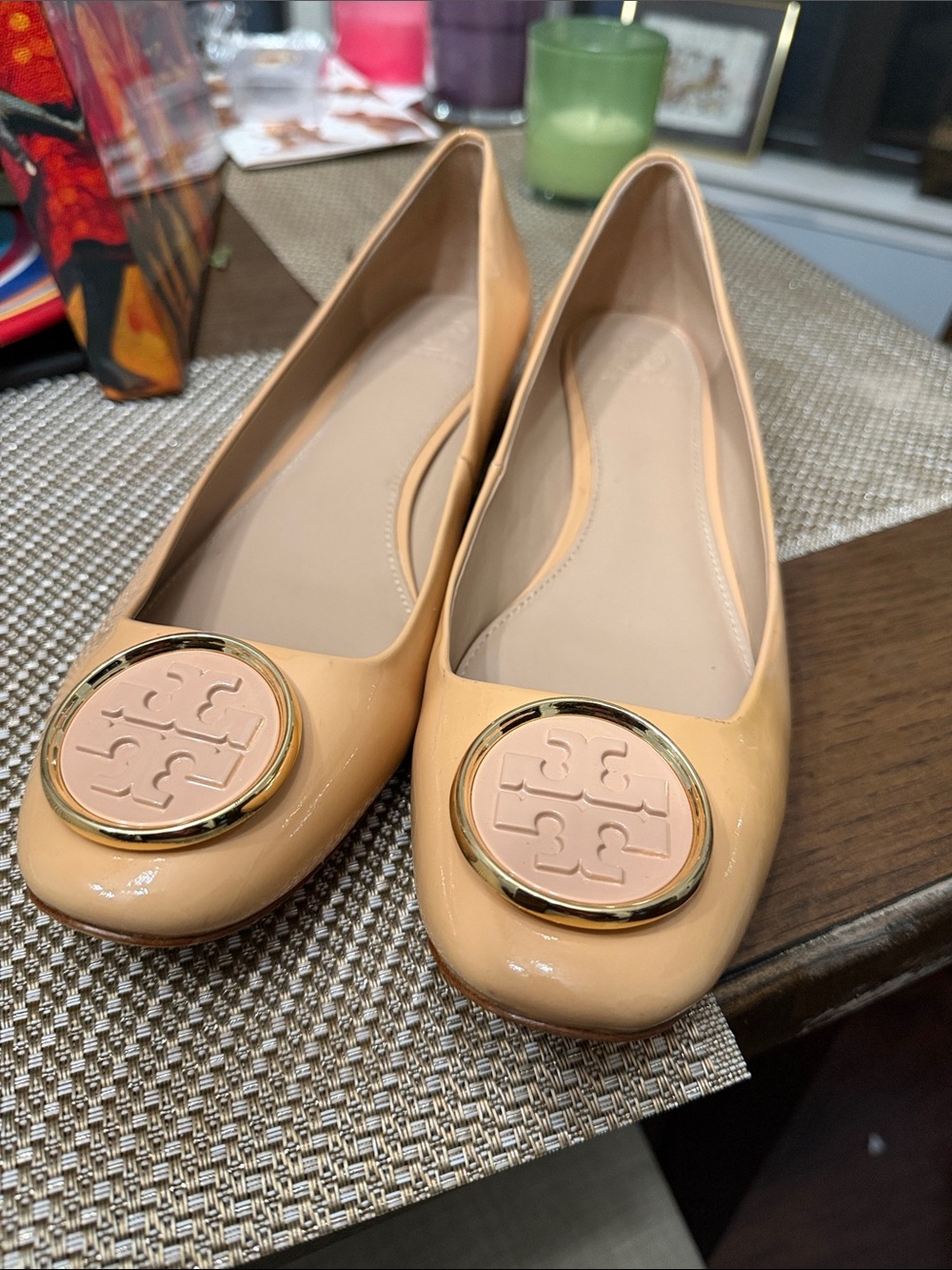 Tory Burch Peach Patent Leather Logo Round-Toe Flats